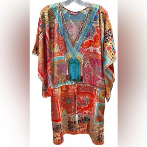RUBY YAYA Rhinestones Unique Kimono Kaftan Short Boho Hippie Resort Dress Size S
